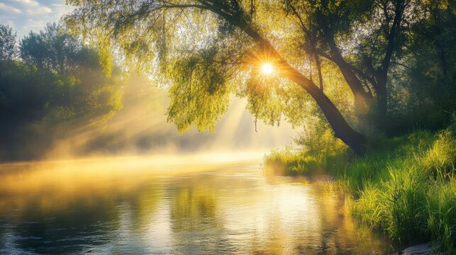 Fantastic foggy river with fresh green grass in the sunlight. Sun beams through tree. Dramatic colorful scenery.