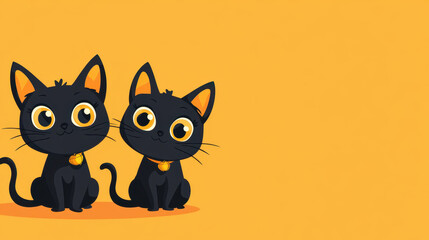 Cute black cats with big eyes sit together against bright yellow background, perfect for Halloween or festive themes. Their playful expressions add fun touch to any design