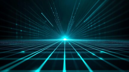 Obraz premium Futuristic digital landscape with glowing grid and light beams, creating a sense of depth and technology.