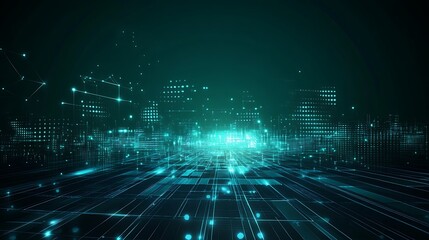 Futuristic digital landscape with glowing lights and data connections, ideal for technology and science fiction themes.