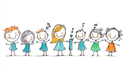 Colorful doodle drawing of six smiling children singing together, with musical notes surrounding them, conveying joy and fun.