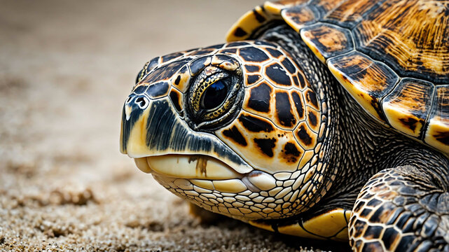 Sea turtle closeup of rough shell texture and calm eyes with plain background