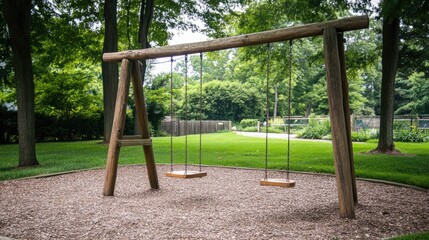 Empty Wooden Swing Set in a Park