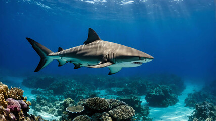 Fototapeta premium Shark closeup swimming in deep blue waters with coral reefs in the background