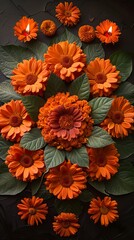 A circular pattern of orange marigold flowers on a black background, with traditional Indian firecrackers and candles