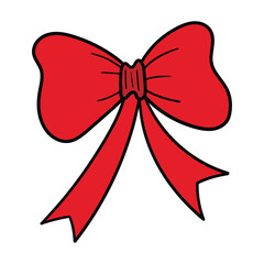 Hand drawn cartoon red bow on white background. Concept gifts, Christmas, new year, anniversary, wedding and birthday.