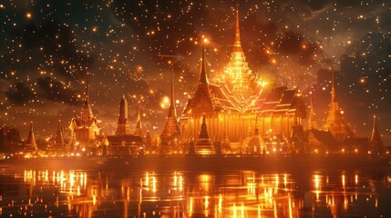 Obraz premium Dazzling Nighttime Reflection of Iconic Buddhist Temple on Serene River in Ancient Thai City Illuminated by Shimmering Lights