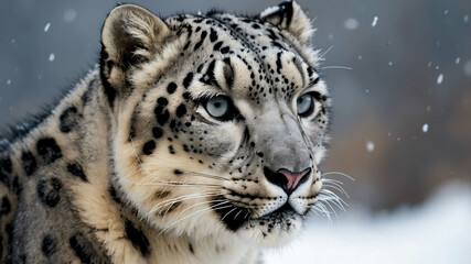 Fototapeta premium Snow leopard closeup showing thick fur and intense gaze with plain background