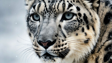 Obraz premium Snow leopard closeup showing thick fur and intense gaze with plain background