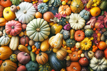 Ripe, colorful pumpkins after the pumpkin harvest in autumn. Squash background in fall. 