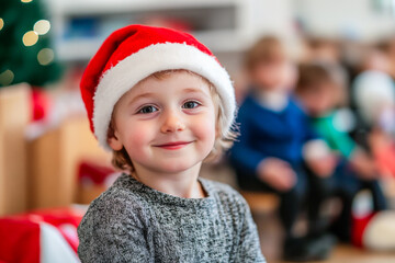 Smiling boy wearing a santa hat celebrating christmas with friends at kindergarten