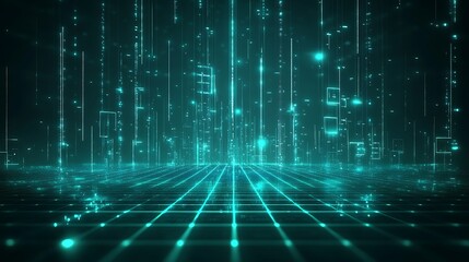 Futuristic digital landscape with glowing lines and particles, creating a sci-fi ambient space. Ideal for technology themes.