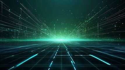 Futuristic digital landscape with glowing lines and particles, creating a vibrant and dynamic atmosphere for technology concepts.