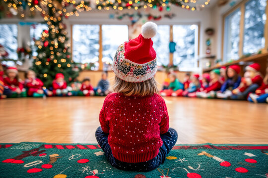 Little child wearing santa hat sitting on rug in front of group of children during christmas party at kindergarten