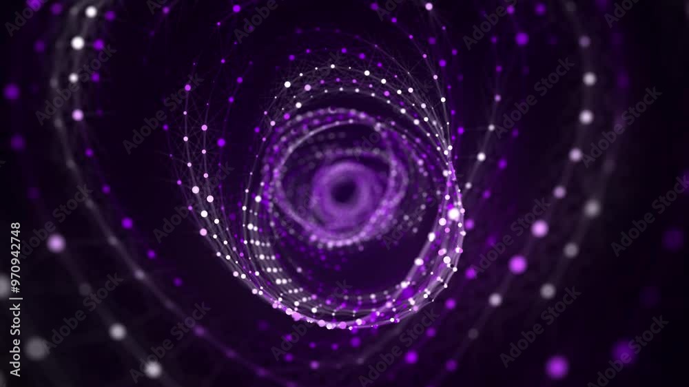 Poster Abstract circle speed tunnel with blue light on black background. Science background with dots and lines moving in a spiral. Wormhole technology. Digital structure with particles. 3d rendering.