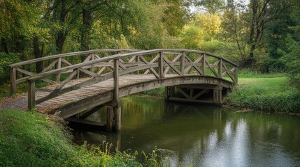 Fototapeta premium Wooden Bridge Over a Calm Pond in a Lush Forest