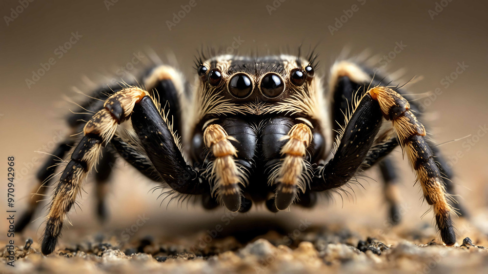 Wall mural tarantula closeup showing hairy legs and small eyes with plain background