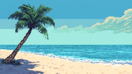 Obraz premium Palm Tree on a Sandy Beach with Blue Ocean and White Clouds