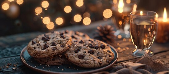 Obraz premium Mouthwatering homemade chocolate chip cookies and glasses of sparkling wine set against a cozy and festive holiday backdrop with twinkling bokeh lights