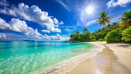 Fototapeta premium A sunny beach scene with clear blue water and soft sand.