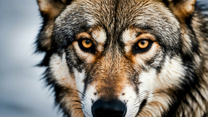 Fototapeta premium Wolf closeup of fur and alert eyes with plain background