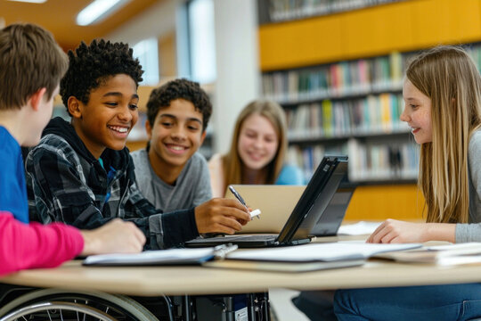 Diverse group of students, including one in a wheelchair, collaborating on a project in a library