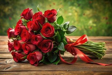 A beautifully rendered digital illustration of a lush bouquet of long-stemmed red roses wrapped in delicate greenery and tied with a satin ribbon.