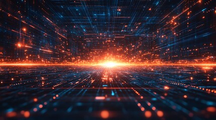 Fototapeta premium Futuristic digital landscape with vibrant orange and blue lights, creating a sense of depth and endless space.
