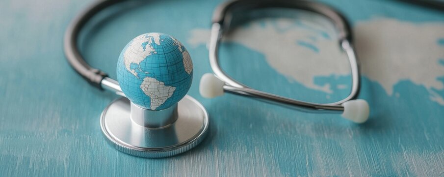 A stethoscope and miniature globe symbolize global healthcare and medical awareness for a healthier world.