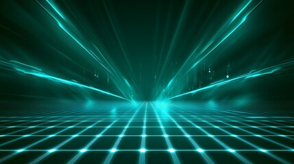 Obraz premium Futuristic neon light landscape with glowing grid and vibrant beams, ideal for technology or sci-fi themed projects.