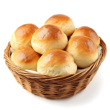 A comforting basket of freshly baked golden brown dinner rolls nestled on a plain white background showcasing the classic homemade appeal of this beloved baked good