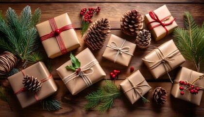 Festive Rustic Gift Display Scene - An arrangement of Christmas gifts wrapped in elegant, natural styles on a dark wooden surface, surrounded by pine cones, fir branches. Graphic art illustration