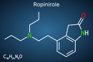 Ropinirole  drug molecule. Used to treat the symptoms of Parkinson's disease. Restless Legs Syndrome RLS. Structural chemical formula, dark blue background. Vector illustration