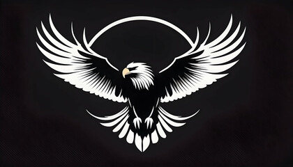 Obraz premium A clean white eagle silhouette logo design, capturing the bird mid-flight with wings spread wide, set against a deep black background. The vector is perfect for corporate branding.