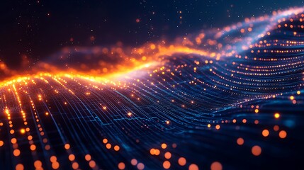 Vibrant abstract wave of glowing particles and lines creating a digital landscape on a dark background.