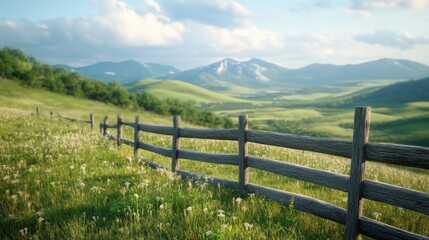 Fototapeta premium Vibrant landscape showcasing rolling hills, wooden fence, and blooming flowers under a serene blue sky. Perfect for nature lovers.