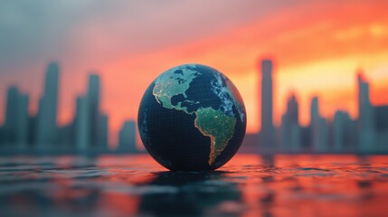 A vibrant globe resting on a reflective surface, captured against a stunning sunset skyline. A symbol of unity and global awareness.
