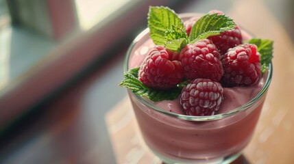 Delicious tasty smoothie drink with raspberry fruit
