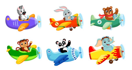 Cartoon animals on planes. Cute vector zebra, rabbit, bear and monkey, panda and elephant pilot characters, ready to embark on exciting adventure in the sky. Isolated personages on vintage aeroplanes