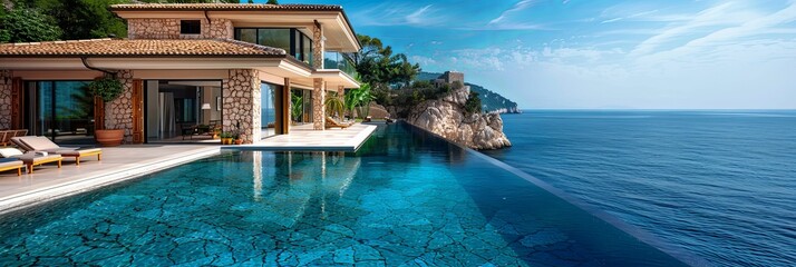 This luxurious coastal villa features an expansive infinity pool offering uninterrupted views of the ocean, perfect for a serene and high-end vacation experience.