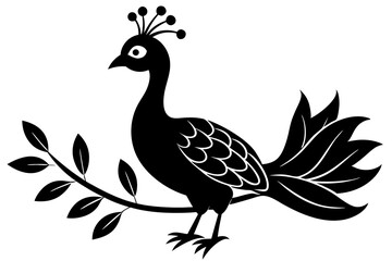 cute peacock on a branch vector silhouette on white background