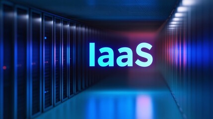 A futuristic data center visual, featuring the term 'IaaS' illuminated in a vibrant digital environment.