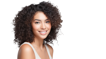 Beautiful african american girl with an afro hairstyle smiling on transparent background PNG.
