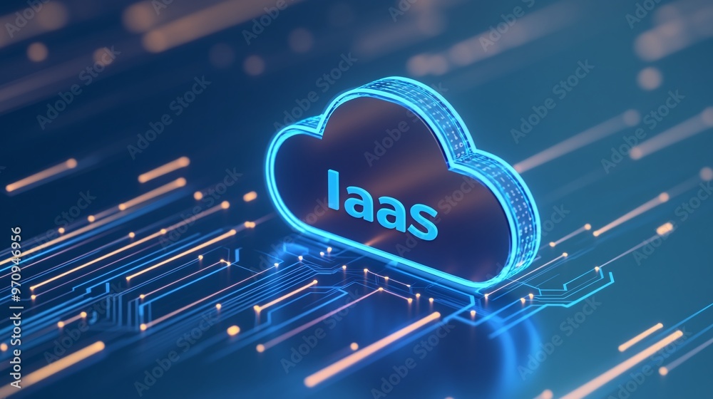 Poster abstract representation of iaas technology with glowing cloud icon on a digital circuit background, 