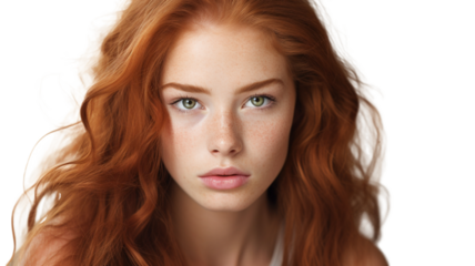 Young beautiful red head woman on transparent background PNG.
