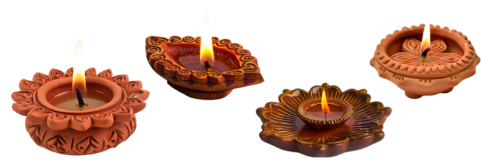 Diwali diya arrangement featuring multiple terracotta oil lamps placed on a decorated tray, glowing brightly in vibrant colors, isolated on a white background png