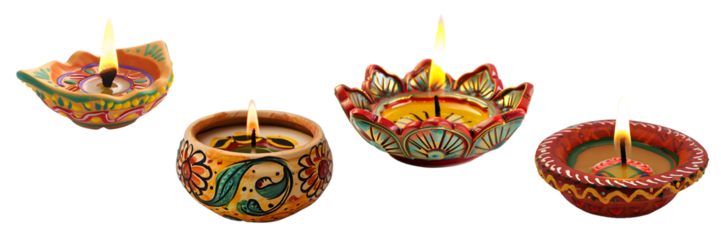 Diwali diya arrangement featuring multiple terracotta oil lamps placed on a decorated tray, glowing brightly in vibrant colors, isolated on a white background png