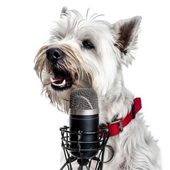 "A white dog wearing a checkered shirt, holding a microphone on white background,
