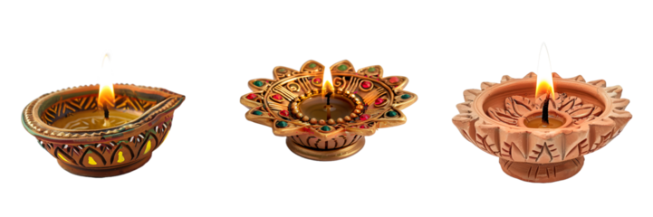 Diwali diya arrangement featuring multiple terracotta oil lamps placed on a decorated tray, glowing brightly in vibrant colors, isolated on a white background png
