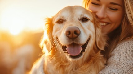 A woman warmly embraces her cheerful dog against a sunset backdrop, capturing a moment of companionship and mutual affection in a serene setting.